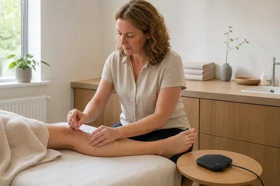Acupuncturist plaatst naalden in de onderarm van een cliënt