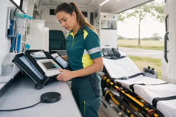 Ambulanceverpleegkundige registreert gegevens naast de ambulancebrancard