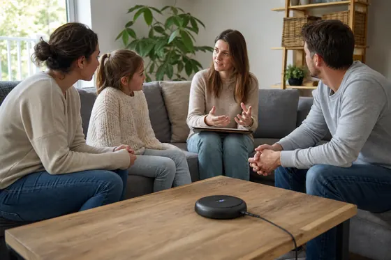 Ambulant gezinsbegeleider voert een gesprek bij een gezin thuis