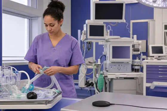 Anesthesieverpleegkundige maakt apparatuur gereed in de operatiekamer