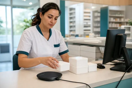 Apothekersassistent bespreekt een geneesmiddel met een cliënt