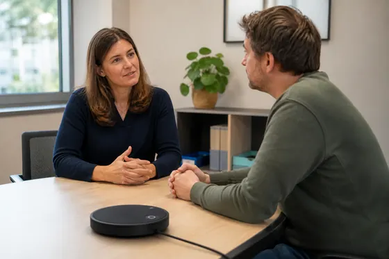 Bedrijfsmaatschappelijk werker voert een vertrouwelijk gesprek over werk en welzijn