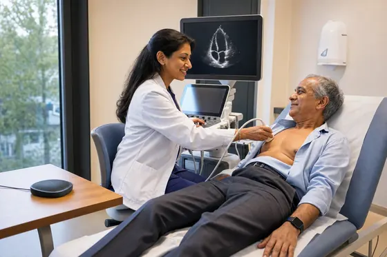 Cardioloog maakt een echo van het hart bij een liggende patiënt in de onderzoekskamer
