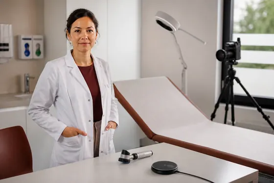 Dermatoloog in een lichte onderzoekskamer met dermatoscoop, onderzoekslamp en camera voor huidfoto's