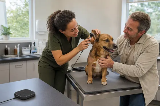 Dierenarts onderzoekt een hond op de behandeltafel