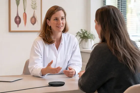 Diëtist bespreekt voeding en doelen met een cliënt in de spreekkamer