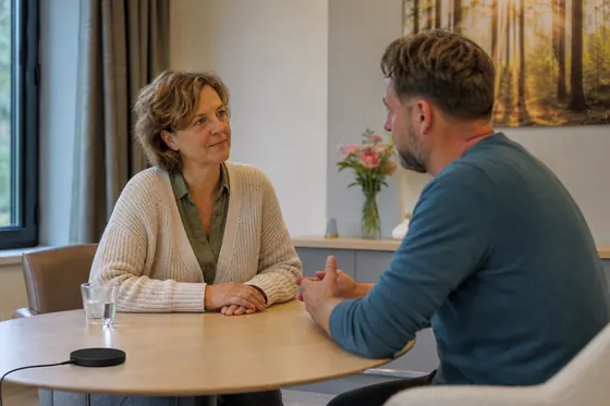 Geestelijk verzorger voert een aandachtig gesprek met een cliënt