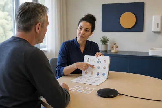 Arts verstandelijk gehandicapten legt informatie uit met visuele kaarten