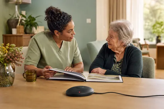 Dementieverpleegkundige bespreekt een zorgboek met een oudere cliënt