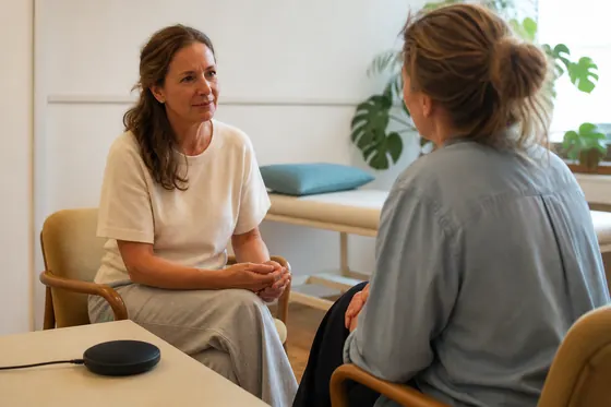 Haptotherapeut voert een aandachtig gesprek met een cliënt in de praktijk