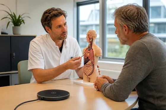 Chirurg wijst op een anatomisch model en bespreekt de ingreep met een patiënt aan tafel