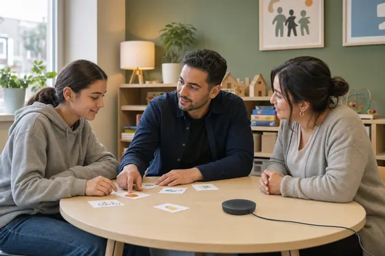 Jeugd en gezinsprofessional gebruikt kaarten tijdens een gezinsgesprek