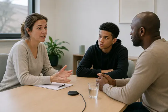 Jeugdreclasseerder bespreekt afspraken met een jongere en ouder