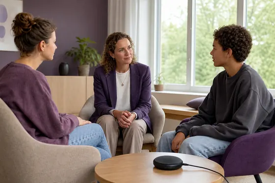Kinder en jeugdpsychiater spreekt met een jongere en ouder