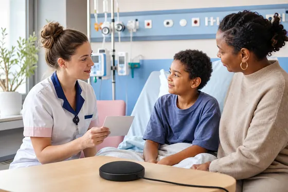 Kinderverpleegkundige geeft uitleg aan een kind en ouder