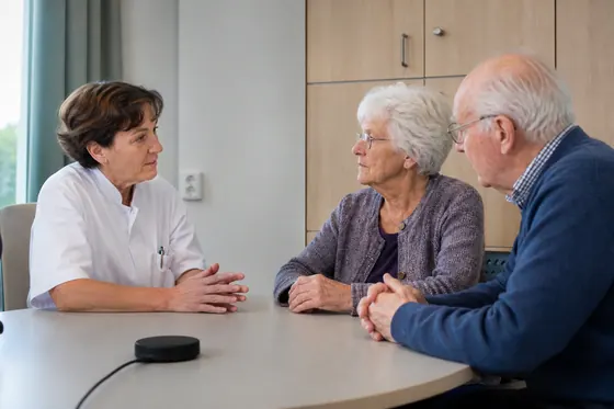 Klinisch geriater bespreekt de zorg met een ouder echtpaar