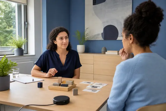 Klinisch neuropsycholoog voert een cognitieve taak uit met een cliënt