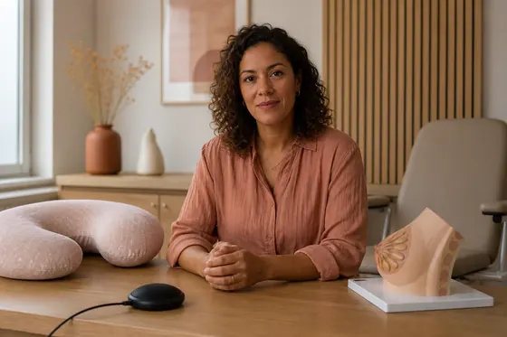 Lactatiekundige aan een bureau met een voedingskussen en een borstmodel