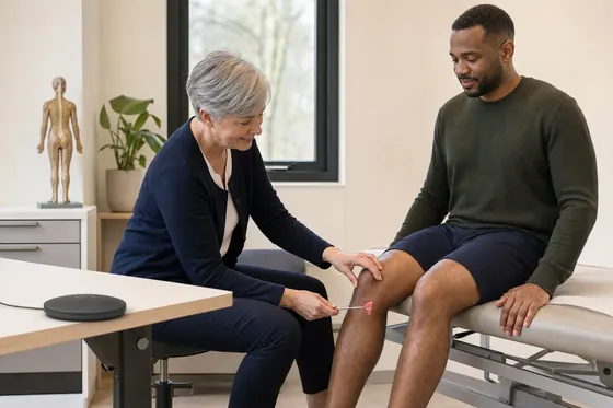 Neuroloog test de kniepeesreflex met een reflexhamer bij een cliënt op de onderzoeksbank, opnameapparaat op tafel