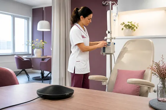 Oncologieverpleegkundige maakt een infuusplek gereed in het ziekenhuis