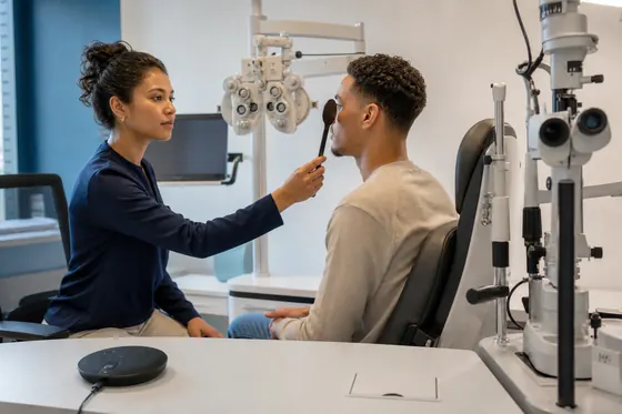 Optometrist onderzoekt de ogen van een cliënt met een spleetlamp