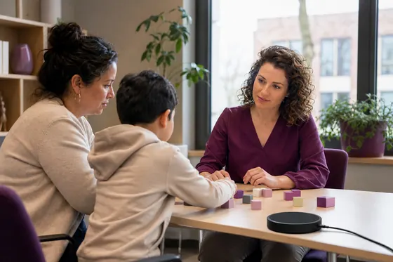 Orthopedagoog bespreekt ontwikkeling met een kind en ouder