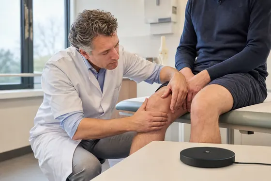 Orthopedisch chirurg onderzoekt de knie van een patiënt