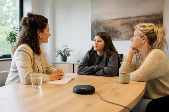 Pleegzorgbegeleider bespreekt de thuissituatie met een pleeggezin