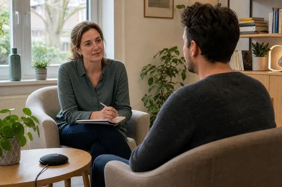 Praktijkondersteuner GGZ voert een rustig gesprek met een cliënt