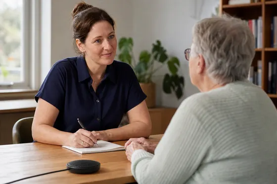 Praktijkondersteuner ouderenzorg bespreekt de zorg met een oudere cliënt