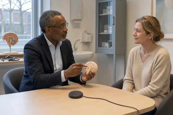 Psychiater geeft uitleg met een hersenmodel tijdens een consult