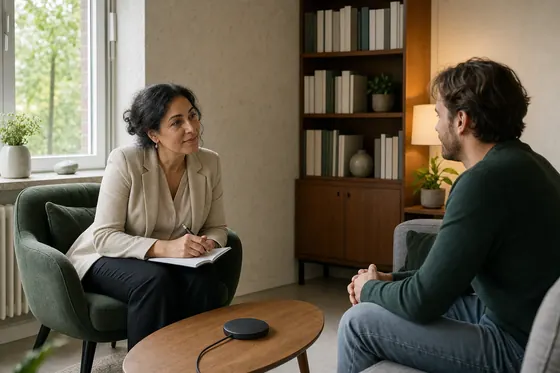 Psycholoog voert een rustig gesprek met een cliënt in de behandelkamer