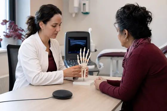 Reumatoloog bespreekt de gewrichten aan een handmodel met een cliënt