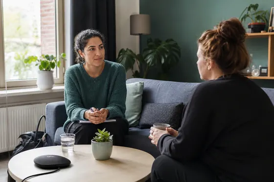 Sociaal psychiatrisch verpleegkundige spreekt een cliënt thuis