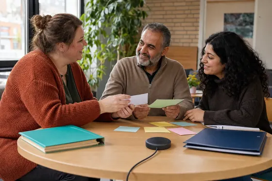 Sociaal werker in gesprek met twee betrokkenen aan een tafel met aantekeningen