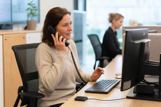 Triagist voert telefonisch overleg achter de computer op de huisartsenpost