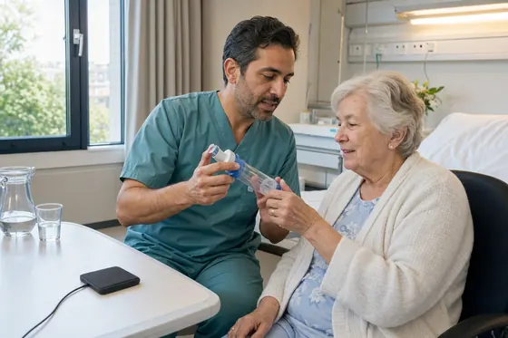 Verpleegkundige legt een oudere cliënt aan bed het gebruik van een inhalator met voorzetkamer uit
