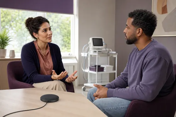 Verslavingsarts voert een open gesprek met een cliënt