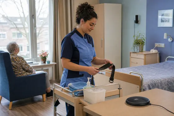 Verzorgende IG legt schone handdoeken en zeep klaar in de kamer van een cliënt