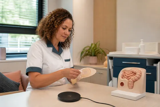 Wond en stomaverpleegkundige legt stomazorg uit met een model